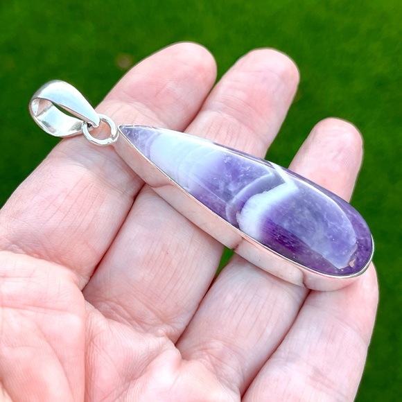 Large Teardrop Natural Chevron Amethyst 2.5” Sterling Silver Pendant - Picture 3 of 6